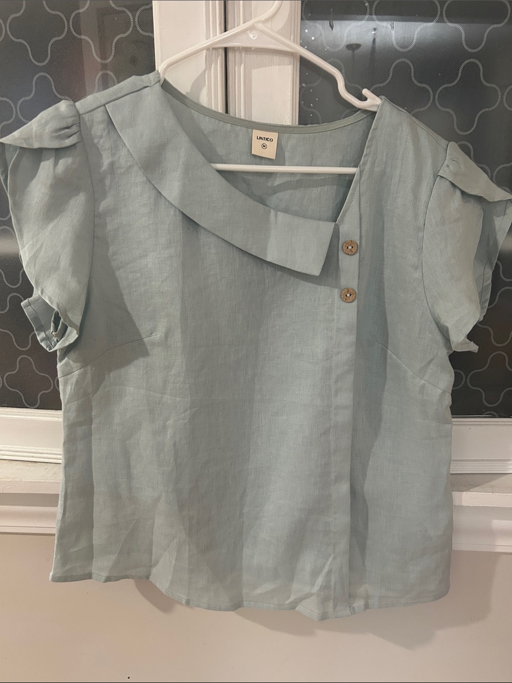 Lintico Light Blue Linen-Blend Short Sleeve Blouse with Asymmetric Collar